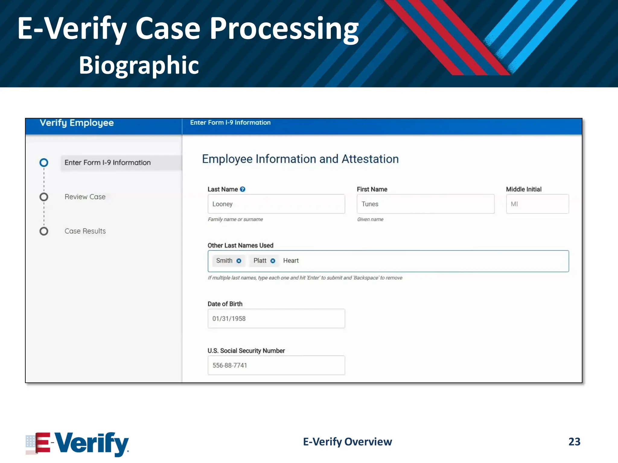 E-Verify Case Processing
Biographic
E-Verify Overview 23
 
