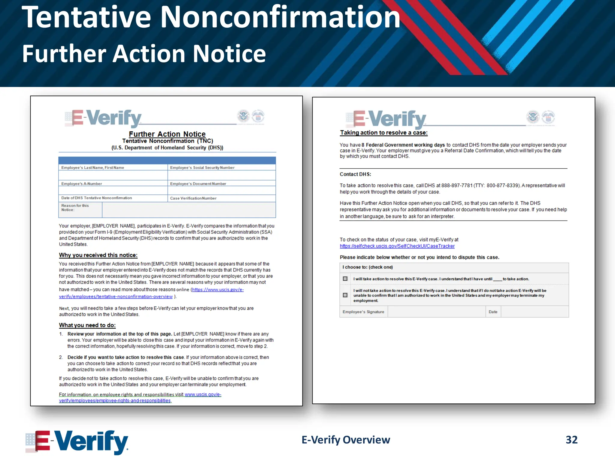 Tentative Nonconfirmation
Further Action Notice
E-Verify Overview 32
 