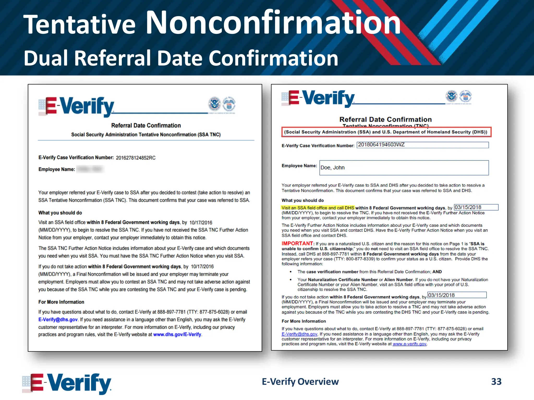 Tentative Nonconfirmation
Dual Referral Date Confirmation
E-Verify Overview 33
 