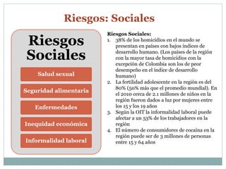 Riesgos: Sociales 
Riesgos 
Sociales 
Salud sexual 
Seguridad alimentaria 
Enfermedades 
Inequidad económica 
Informalidad laboral 
Riesgos Sociales: 
1. 38% de los homicidios en el mundo se 
presentan en países con bajos índices de 
desarrollo humano. (Los países de la región 
con la mayor tasa de homicidios con la 
excepción de Colombia son los de peor 
desempeño en el índice de desarrollo 
humano) 
2. La fertilidad adolescente en la región es del 
80% (50% más que el promedio mundial). En 
el 2010 cerca de 2.1 millones de niños en la 
región fueron dados a luz por mujeres entre 
los 15 y los 19 años 
3. Según la OIT la informalidad laboral puede 
afectar a un 53% de los trabajadores en la 
región 
4. El número de consumidores de cocaína en la 
región puede ser de 3 millones de personas 
entre 15 y 64 años 
 