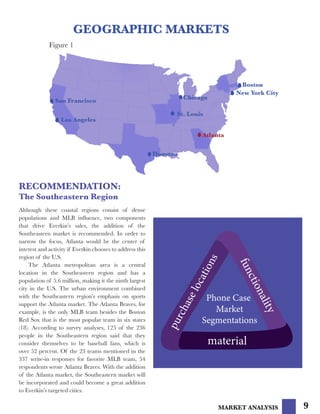 MARKET ANALYSIS 9
GEOGRAPHIC MARKETS
Figure 1
RECOMMENDATION:
The Southeastern Region
Although these coastal regions consist of dense
populations and MLB influence, two components
that drive Everkin’s sales, the addition of the
Southeastern market is recommended. In order to
narrow the focus, Atlanta would be the center of
interest and activity if Everkin chooses to address this
region of the U.S.
	 The Atlanta metropolitan area is a central
location in the Southeastern region and has a
population of 5.6 million, making it the ninth largest
city in the U.S. The urban environment combined
with the Southeastern region’s emphasis on sports
support the Atlanta market. The Atlanta Braves, for
example, is the only MLB team besides the Boston
Red Sox that is the most popular team in six states
(18). According to survey analyses, 125 of the 236
people in the Southeastern region said that they
consider themselves to be baseball fans, which is
over 52 percent. Of the 23 teams mentioned in the
337 write-in responses for favorite MLB team, 54
respondents wrote Atlanta Braves. With the addition
of the Atlanta market, the Southeastern market will
be incorporated and could become a great addition
to Everkin’s targeted cities.
Los Angeles
Houston
San Francisco
Boston
New York City
Chicago
St. Louis
Atlanta
 