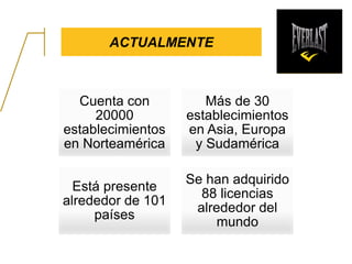 ACTUALMENTE
Cuenta con
20000
establecimientos
en Norteamérica
Más de 30
establecimientos
en Asia, Europa
y Sudamérica
Está presente
alrededor de 101
países
Se han adquirido
88 licencias
alrededor del
mundo
 
