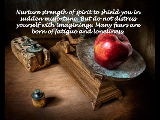 Nurture strength of spirit to shield you in sudden misfortune. But do not distress yourself with imaginings. Many fears are born of fatigue and loneliness. 