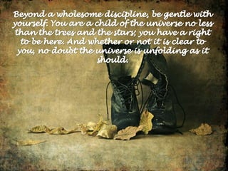 Beyond a wholesome discipline, be gentle with yourself. You are a child of the universe no less than the trees and the stars; you have a right to be here. And whether or not it is clear to you, no doubt the universe is unfolding as it should. 