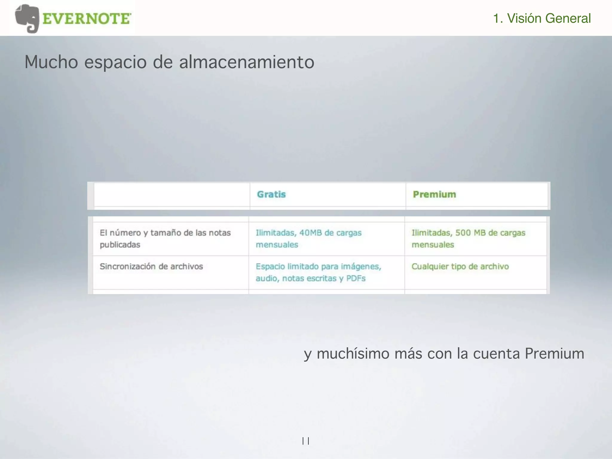 1. Visión General


Mucho espacio de almacenamiento




                             y muchísimo más con la cuenta Premium




                             11
 