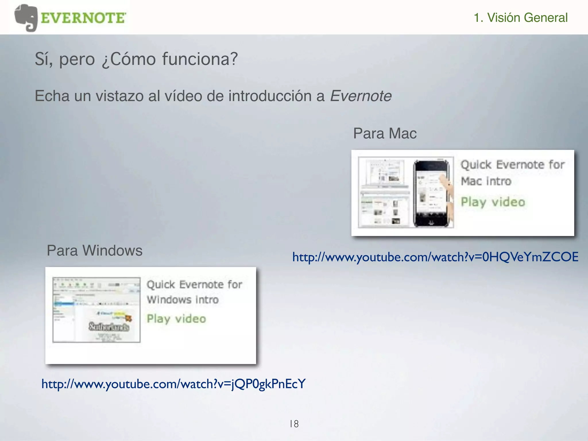 1. Visión General


Sí, pero ¿Cómo funciona?

Echa un vistazo al vídeo de introducción a Evernote

                                               Para Mac




 Para Windows                          http://www.youtube.com/watch?v=0HQVeYmZCOE




http://www.youtube.com/watch?v=jQP0gkPnEcY

                                       18
 