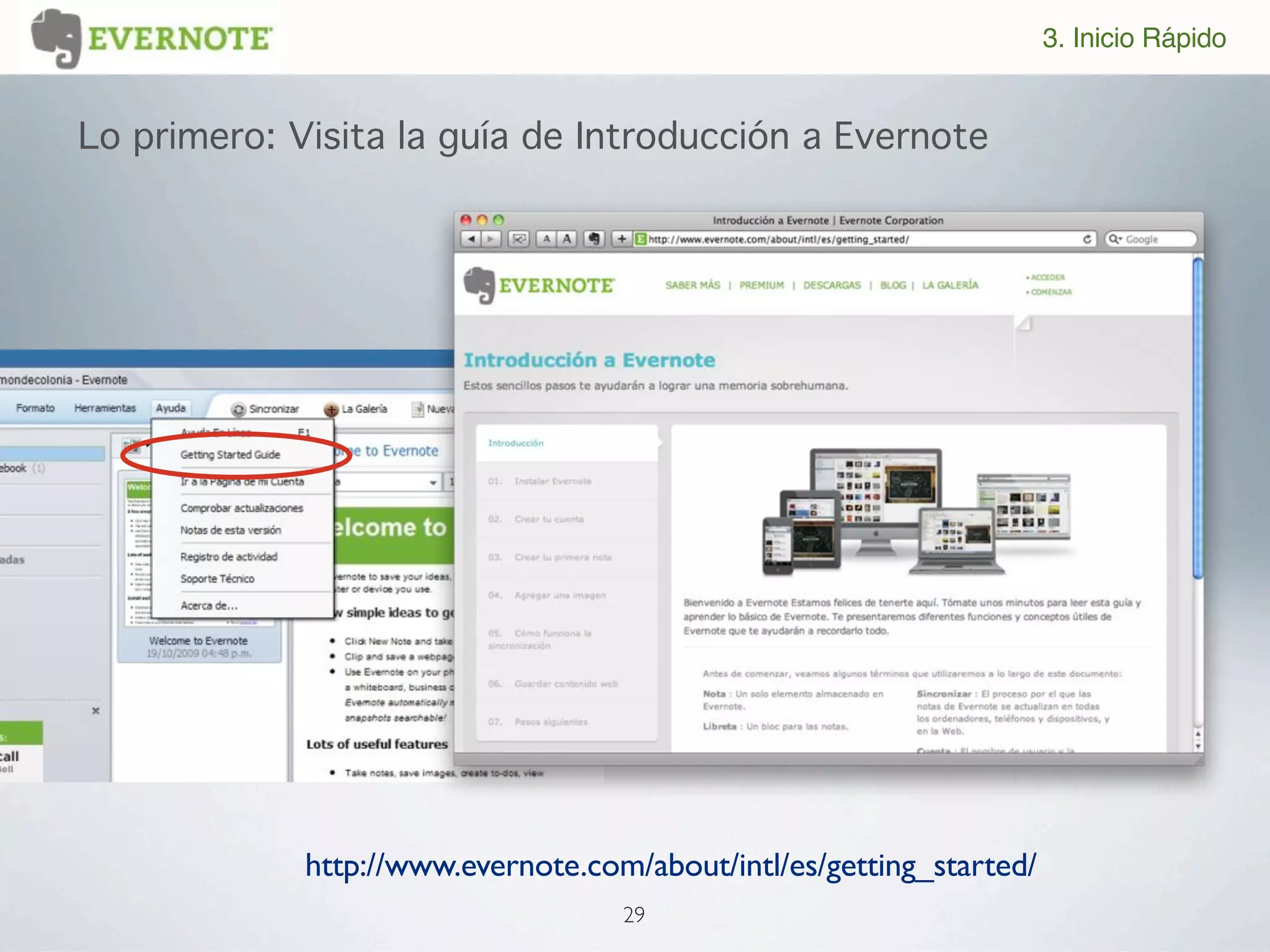 3. Inicio Rápido


Lo primero: Visita la guía de Introducción a Evernote




             http://www.evernote.com/about/intl/es/getting_started/
                                    29
 