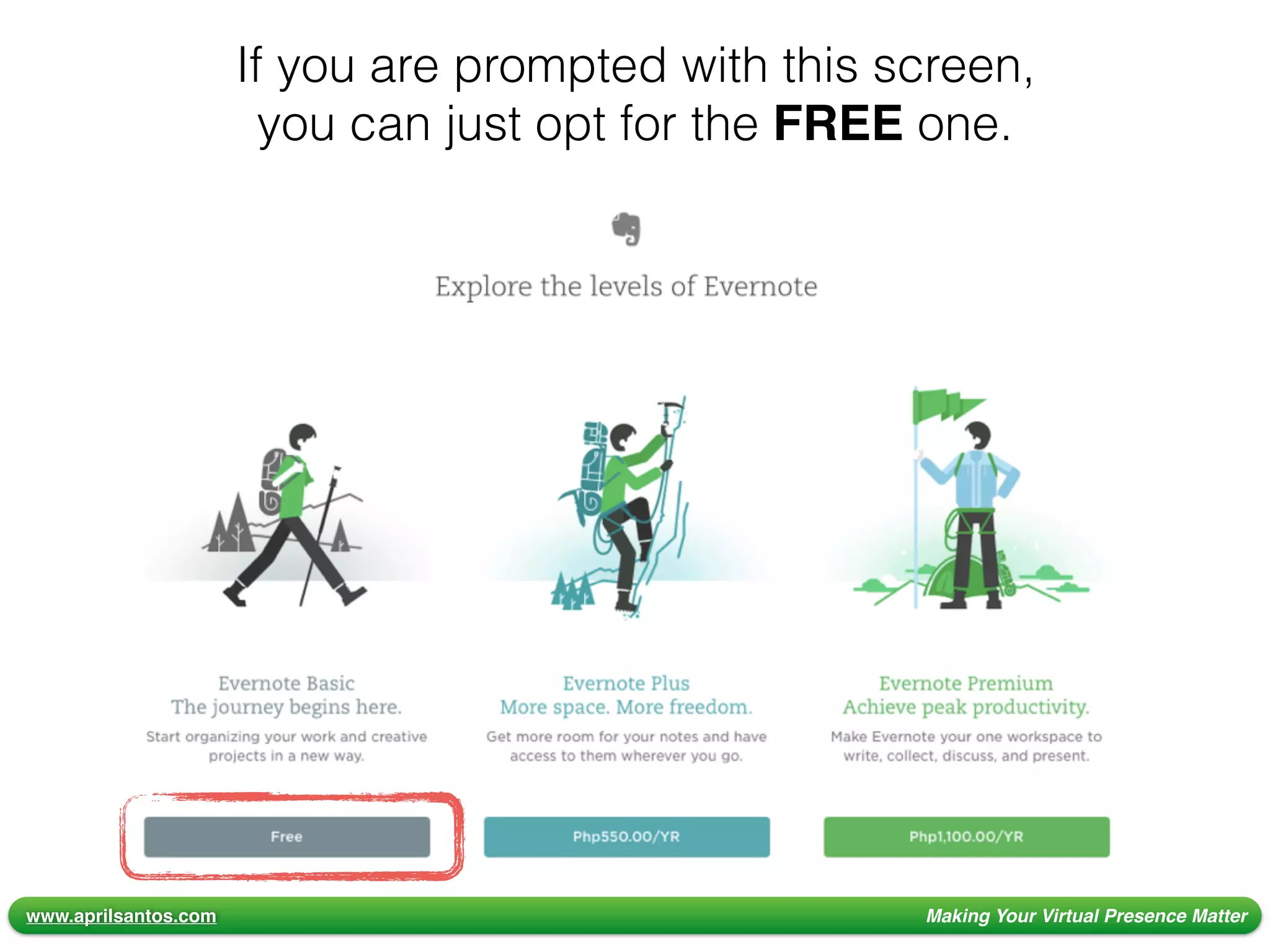 www.aprilsantos.com Making Your Virtual Presence Matter
If you are prompted with this screen,
you can just opt for the FREE one.
 