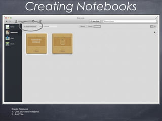 Creating Notebooks
Create Notebook
1. Click on +New Notebook
2. Add Title
 