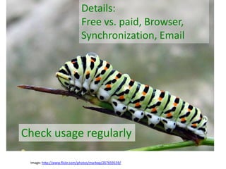 Details:Free vs. paid, Browser,Synchronization, EmailCheck usage regularlyImage: http://www.flickr.com/photos/markop/267659159/