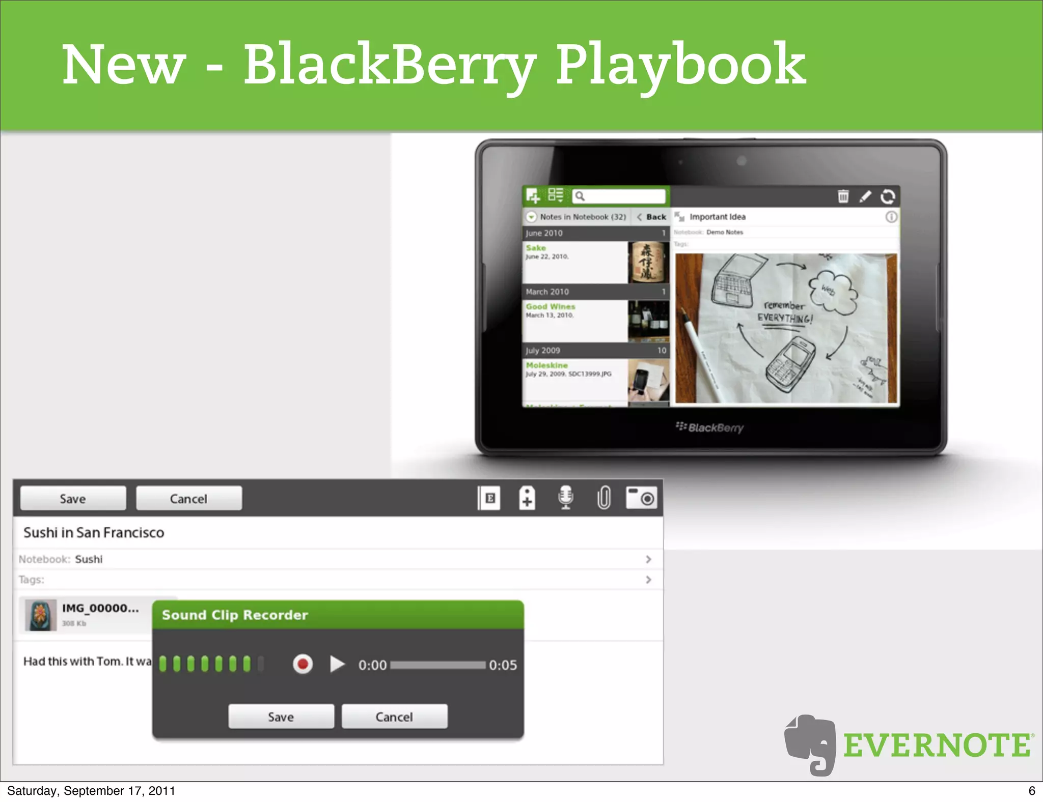 New - BlackBerry Playbook




Saturday, September 17, 2011        6
 