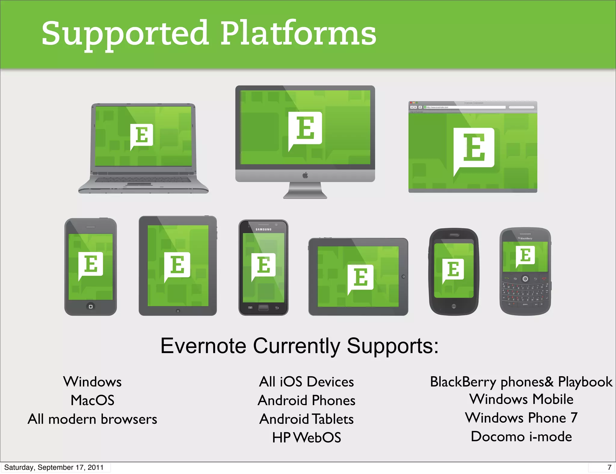 Supported Platforms
                                                                                                                           ',-./01-*20.30.4150/

                                                                                                 6113788999:-,-./01-:;0<

                                                                              2=53*10*',-./01-




                       !"#     #$   %&"'('))*(+$




                                                   Evernote Currently Supports:
           Windows                                          All iOS Devices                         BlackBerry phones& Playbook
            MacOS                                           Android Phones                                Windows Mobile
      All modern browsers                                   Android Tablets                              Windows Phone 7
                                                              HP WebOS                                    Docomo i-mode
Saturday, September 17, 2011                                                                                                                      7
 