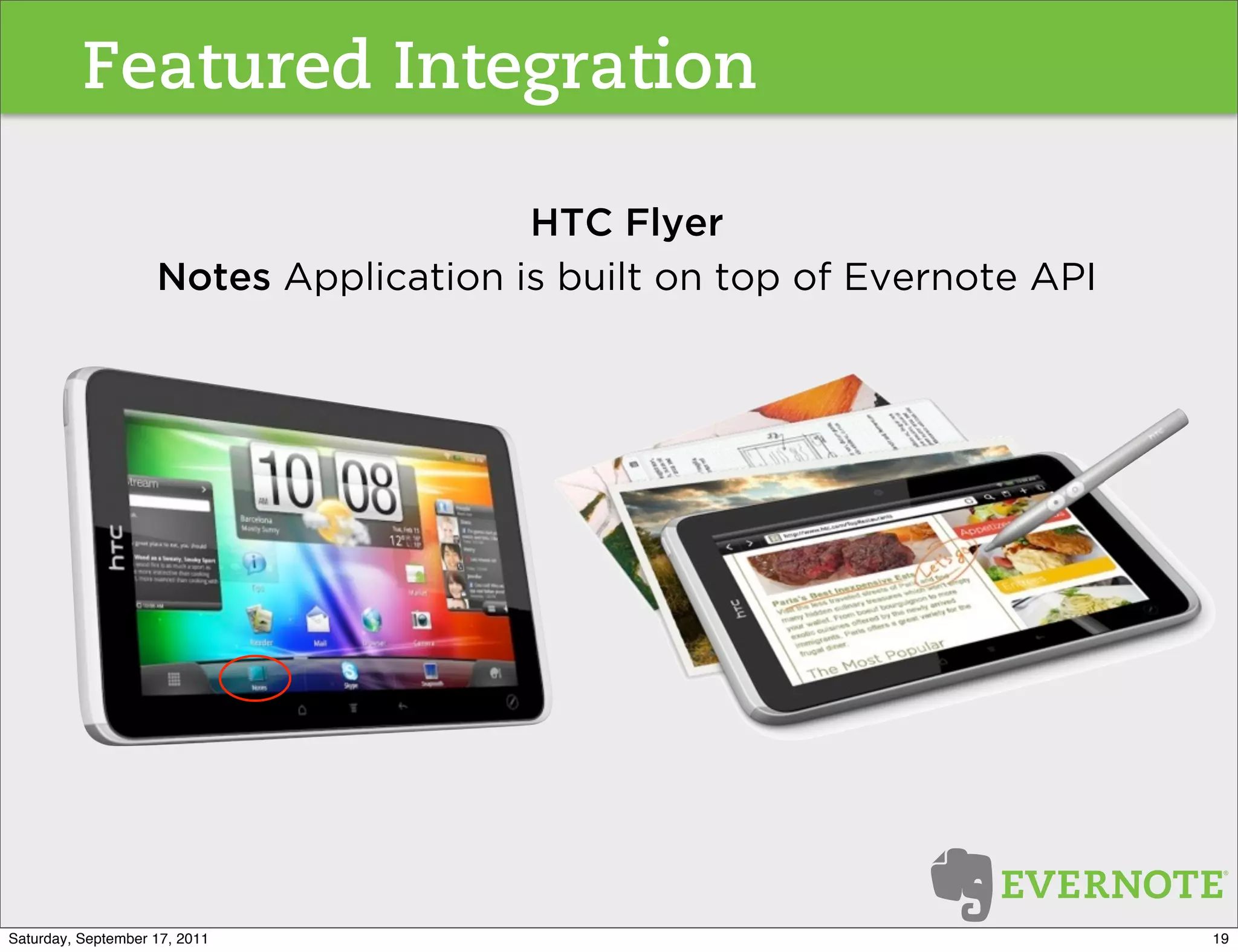 Featured Integration

                                       HTC Flyer
                    Notes Application is built on top of Evernote API




Saturday, September 17, 2011                                            19
 