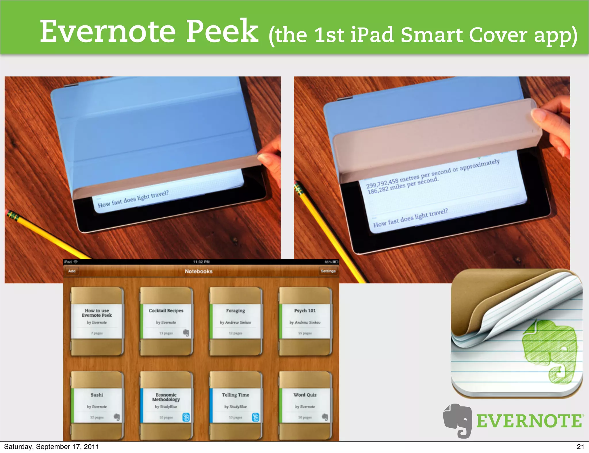 Evernote Peek (the 1st iPad Smart Cover app)




Saturday, September 17, 2011                         21
 