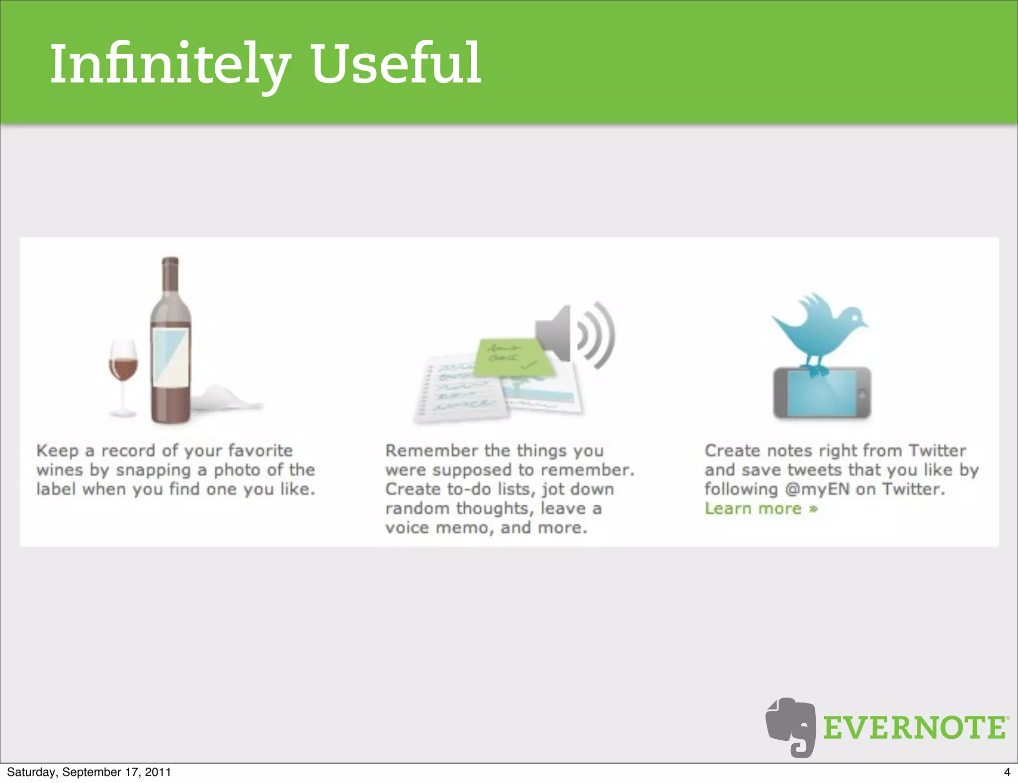 In nitely Useful




Saturday, September 17, 2011   4
 
