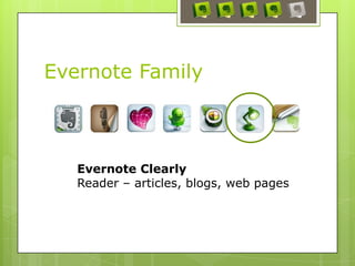 Evernote Family
Evernote Clearly
Reader – articles, blogs, web pages
 