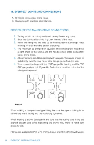14 EVERPEX™
INSTALLATION GUIDE
11. EverPEX™
Joints and Connections
A. Crimping with copper crimp rings.
B. Clamping with stainless steel clamps.
Procedure for making crimp connections:
1.	 Tubing should be cut squarely and cleanly free of any burrs.
2.	 Slide the correct size crimp ring over the end of the tube.
3.	 Insert the fitting into the tube up to the shoulder or tube stop. Place
the ring 1/8 to ¼ from the end of the tubing.
4.	 The ring must be crimped on squarely. The crimping tool must be at
a right angle to the tubing and the handles must close completely.
Never crimp twice.
5.	 All connections should be checked with a gauge. The gauge should be
slid directly over the ring. Never slide the gauge on from the side.
6.	 Your connection is good if the “GO” gauge fits the ring and the “NO
GO” gauge does not (Figure H). Bad crimps must be cut out of the
tubing and replaced.
NO GO
NO GO GO
GO
DURA-PEX
NO GO
NO GO GO
GO
DURA-PEX
Figure H
When making a compression type fitting, be sure the pipe or tubing is in-
serted fully in the tubing and the nut is fully tightened.
When making a swivel connection, be sure that the tubing and fitting are
aligned straight and while tightening the swivel nut, make it hand tight
plus a ¼ turn.
Fittings are available for PEX x PB (Polybutylene) and PEX x PE (Polyethylene).
 