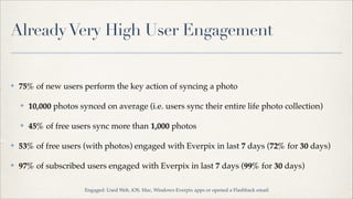 Already Very High User Engagement

✤

75% of new users perform the key action of syncing a photo!
✤

10,000 photos synced ...