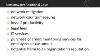 o network mitigation
o network countermeasures
o loss of productivity
o legal fees
o IT services
o purchase of credit monitoring services for
employees or customers
o Potential harm to an organization’s reputation.
Ransomware: Additional Costs
 