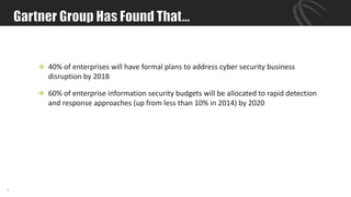 8
 40% of enterprises will have formal plans to address cyber security business
disruption by 2018
 60% of enterprise information security budgets will be allocated to rapid detection
and response approaches (up from less than 10% in 2014) by 2020
 