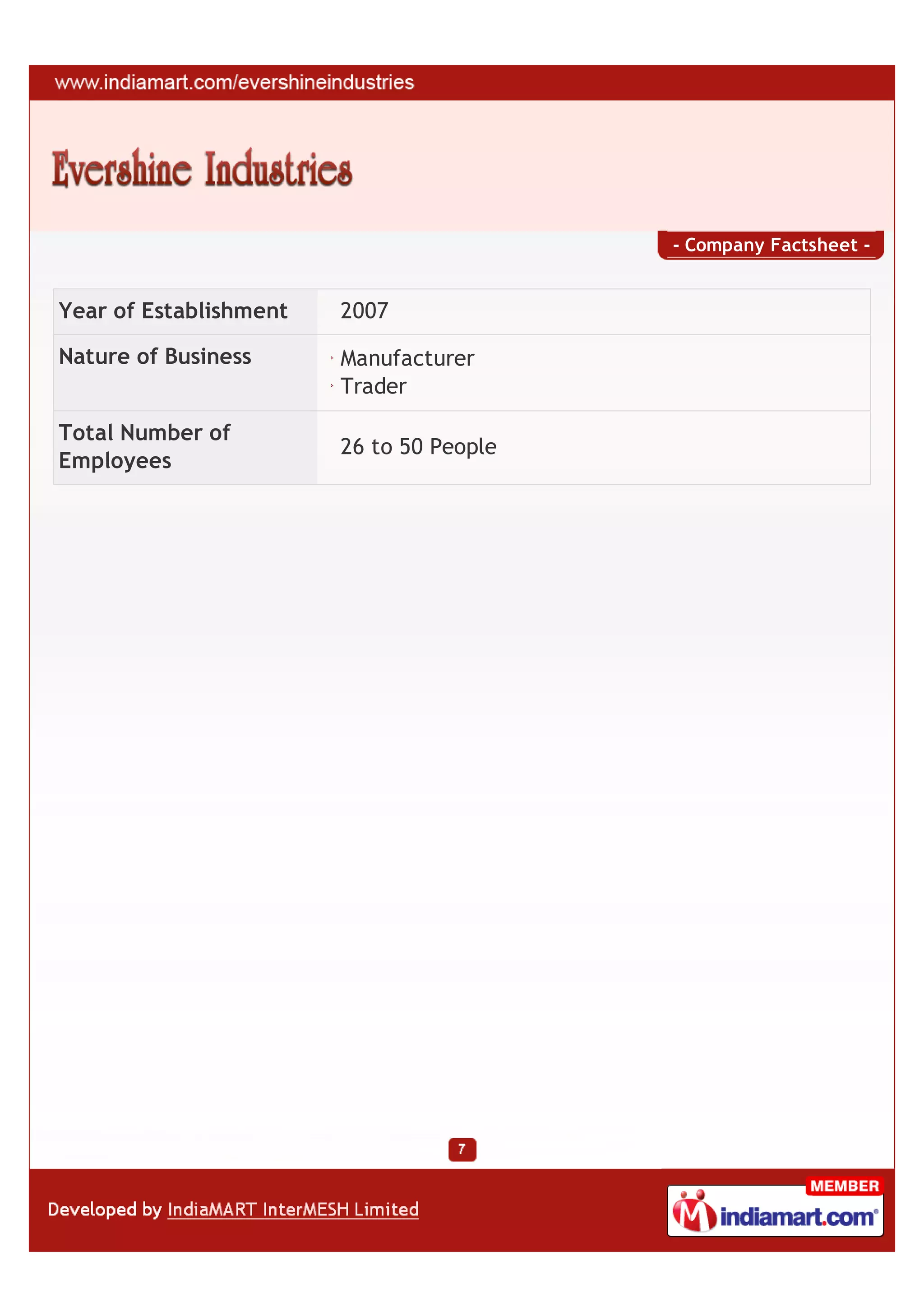 - Company Factsheet -


Year of Establishment   2007

Nature of Business      Manufacturer
                        Trader

Total Number of
                        26 to 50 People
Employees
 