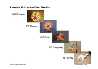 2
Copyright © 2006 David A. Golden
Eversion 101 Lesson Plan: Five C's
Image sources: Michal Kosmulski,Bill Odom
001 Concepts
010 Choices
011 Code
100 Complexity
101 CPAN
 
