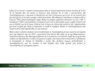 Fondacioni i Rinisë Islame — Cyrih www.islamischen.ch e-mail: info@islamischen.ch 221
Çfarë me të vërtetë i turpëroi evolucionistët ishte se Austra-lopithekusi nuk ka mundur që të ecë
në dy këmbët dhe me pozitë të kërrusur. Kjo fizikisht do të ishte e pasukseshme për
Australopithecusin, i supozuar si bipedal por me ecje të kërrususr, që të ecë në atë mënyrë pasi
për këtë gjë do të nevojitej energji e jashtëzakonshme. Me ndihmën e simulimeve kompjutorike të
bëra më 1996, palaentropologjisti anglez Robin Crompton gjithashtu demostroi se ecja e tillë “e
kombinuar” është e pamundshme. Cromptoni arriti tek ky përfundim: qenia e gjallë mund të ecë
ose në këmbë ose në të katrat. Lloji në mes të ktyre dy ecjeve nuk mund të jetë i qëndrueshëm
për kohë të gjatë për shkak të harxhimit të madh të energjisë. Dmth. se Australopithecusi nuk
mund të ishte edhe bipedal edhe të ecte kërrusur.
Demostrimi i ndoshta studimit më të rëndësishëm se Australopithecusi nuk mund të jetë bipedal
vjen nga kërkimet nga viti 1994 i anatomistit Fred Spoor dhe ekipit të tij nga Departamenti i
Anatomisë Njerzore dhe Biologjisë Qelizore në Universitetin e Livepoolit, Angli. Ky grup ka bërë
studime në bipedalizmin e fosileve të qenieve të gjalla. Ata hulumtonin mekanizmat e ndërlikuara
të baraspeshës të zbuluar në kërmillin e veshit, dhe zbulimet treguan përfundimisht se
Australopithecusi nuk ka mundur të jetë bipedal. Kjo hedh poshtë çdo pohim se
Australopithecusi i përngjante njeriut.
 