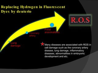Many diseases are associated with ROS in cell damage such as the coronary artery disease, lung damage, inflammatory diseases, abnormalities in embryonic development and etc. Replacing Hydrogen in Fluorescent Dyes by deuterio 