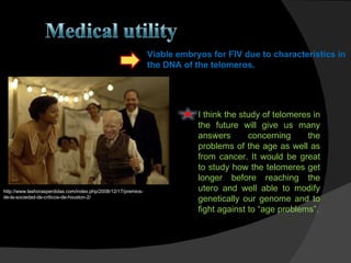 I think the study of telomeres in the future will give us many answers concerning the problems of the age as well as from cancer. It would be great to study how the telomeres get longer before reaching the utero and well able to modify genetically our genome and to fight against to “age problems”. http://www.lashorasperdidas.com/index.php/2008/12/17/premios-de-la-sociedad-de-criticos-de-houston-2/ Viable embryos for FIV due to characteristics in the DNA of the telomeros. 
