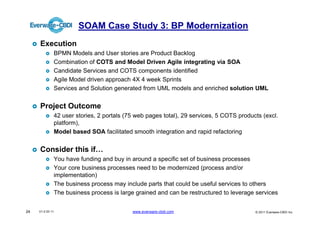 SOAM Case Study 3: BP Modernization
     Execution
              BPMN Models and User stories are Product Backlog
              Combination of COTS and Model Driven Agile integrating via SOA
              Candidate Services and COTS components identified
              Agile Model driven approach 4X 4 week Sprints
              Services and Solution generated from UML models and enriched solution UML


     Project Outcome
              42 user stories, 2 portals (75 web pages total), 29 services, 5 COTS products (excl.
              platform),
              Model based SOA facilitated smooth integration and rapid refactoring


     Consider this if…
              You have funding and buy in around a specific set of business processes
              Your core business processes need to be modernized (process and/or
              implementation)
              The business process may include parts that could be useful services to others
              The business process is large grained and can be restructured to leverage services


24   V1.0 03 11                            www.everware-cbdi.com                         © 2011 Everware-CBDI Inc
 