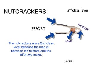 NUTCRACKERS LOAD FULCRUM EFFORT 2 nd  class lever The nutcrackers are a 2nd class lever because the load is between the fulcrum and the effort we make. JAVIER 