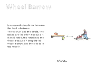 Is a second class lever because the load is between The fulcrum and the effort. The hands are the effort because it makes force, the fulcrum is the wheel because it support the wheel barrow and the load is in the middle. SAMUEL 