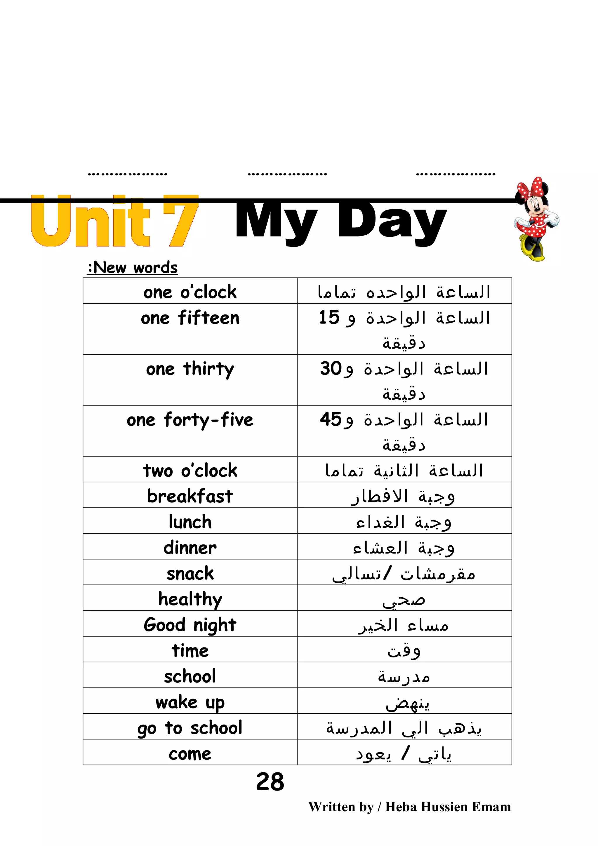……………… ……………… ………………
New words:
‫الساعة‬‫الواحده‬‫تماما‬one o’clock
‫الساعة‬‫الواحدة‬‫و‬15
‫دقيقة‬
one fifteen
‫الساعة‬‫الواحدة‬‫و‬30
‫دقيقة‬
one thirty
‫الساعة‬‫الواحدة‬‫و‬45
‫دقيقة‬
one forty-five
‫الساعة‬‫الثانية‬‫تماما‬two o’clock
‫وجبة‬‫الفطار‬breakfast
‫وجبة‬‫الغداء‬lunch
‫وجبة‬‫العشاء‬dinner
‫مقرمشات‬/‫تسالي‬snack
‫صحي‬healthy
‫مساء‬‫الخير‬Good night
‫وقت‬time
‫مدرسة‬school
‫ينهض‬wake up
‫يذهب‬‫الي‬‫المدرسة‬go to school
‫ياتي‬/‫يعود‬come
Written by / Heba Hussien Emam
28
 