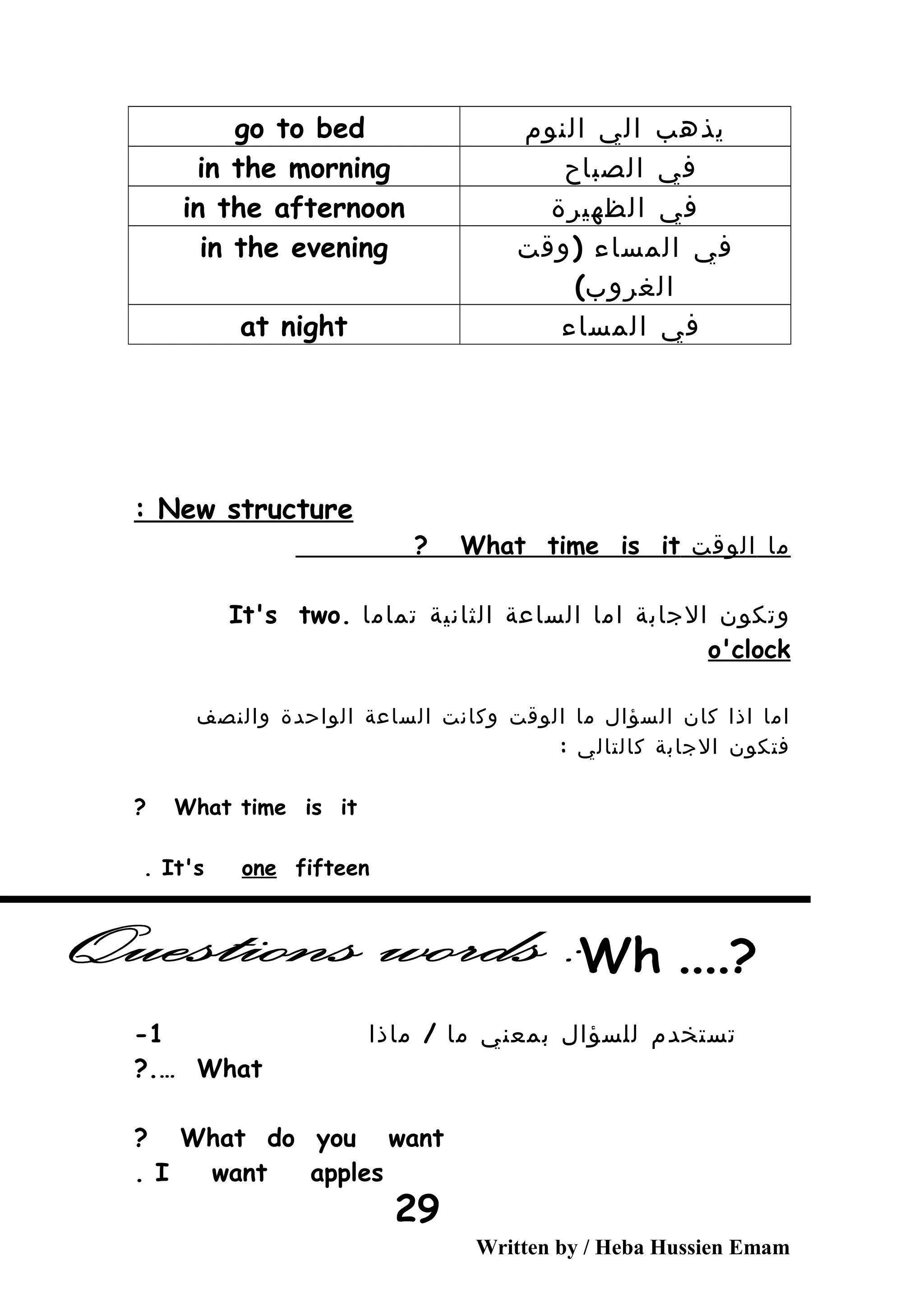 ‫يذهب‬‫الي‬‫النوم‬go to bed
‫في‬‫الصباح‬in the morning
‫في‬‫الظهيرة‬in the afternoon
‫في‬‫المساء‬(‫وقت‬
(‫الغروب‬
in the evening
‫في‬‫المساء‬at night
New structure:
‫ما‬‫الوقت‬What time is it?
‫وتكون‬‫الجابة‬‫اما‬‫الساعة‬‫الثانية‬‫تماما‬.It's two
o'clock
‫اما‬‫اذا‬‫كان‬‫السؤال‬‫ما‬‫الوقت‬‫وكانت‬‫الساعة‬‫الواحدة‬‫والنصف‬
‫فتكون‬‫الجابة‬‫كالتالي‬:
What time is it?
It's one fifteen.
‫تستخدم‬‫للسؤال‬‫بمعني‬‫ما‬/‫ماذا‬1-
What?.…
What do you want?
I want apples.
Written by / Heba Hussien Emam
29
 