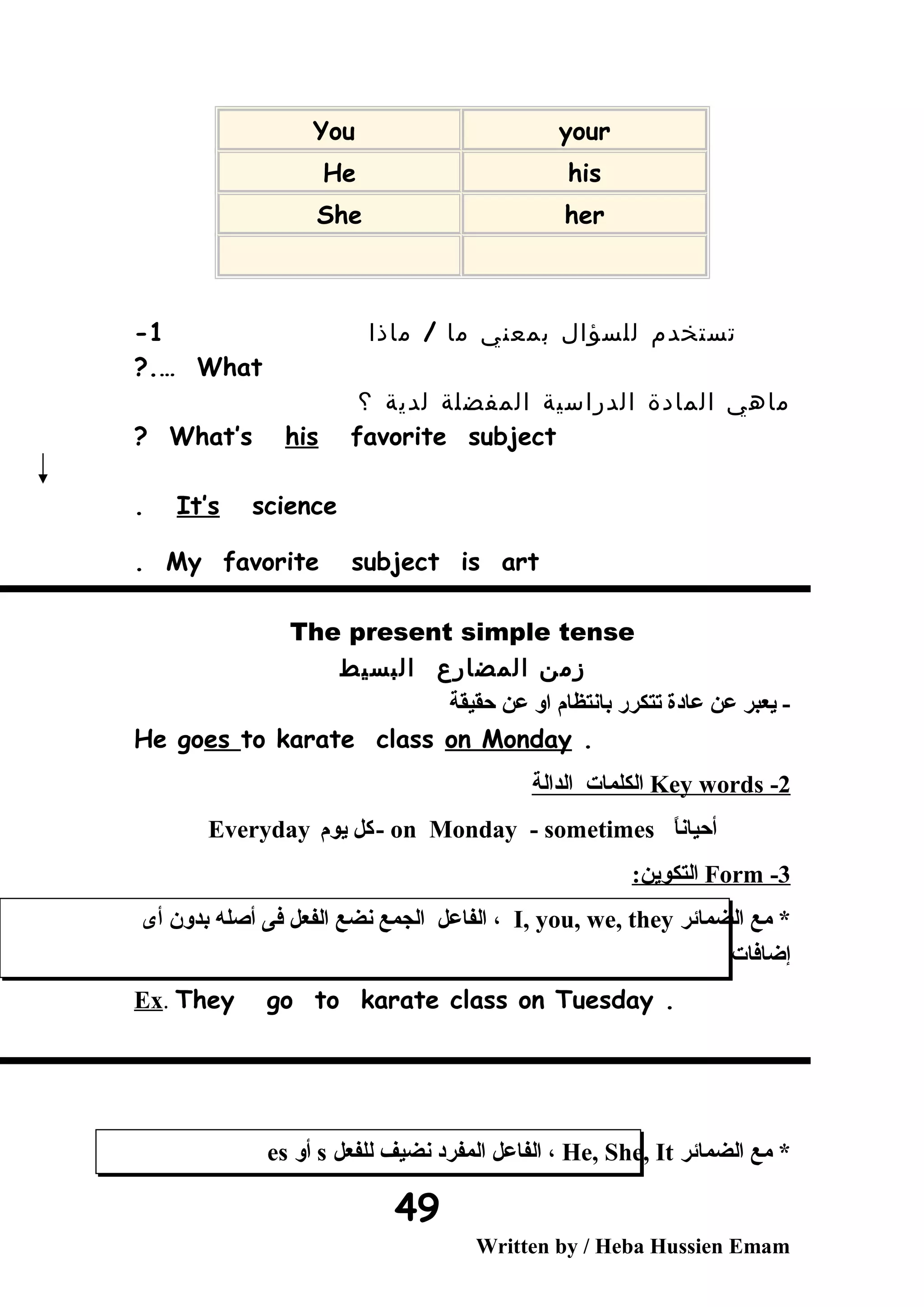 You your
He his
She her
‫تستخدم‬‫للسؤال‬‫بمعني‬‫ما‬/‫ماذا‬1-
What?.…
‫ماهي‬‫المادة‬‫الدراسية‬‫المفضلة‬‫لدية‬‫؟‬
What’s his favorite subject?
It’s science.
My favorite subject is art.
The present simple tense
‫زمن‬‫المضارع‬‫البسيط‬
‫حقيقة‬ ‫عن‬ ‫او‬ ‫بانتظام‬ ‫تتكرر‬ ‫عادة‬ ‫عن‬ ‫يعبر‬ -
He goes to karate class on Monday .
2-Key words‫الدالة‬ ‫الكلمات‬
Everyday ‫يوم‬ ‫كل‬- on Monday - sometimes ‫ا‬ً‫أحيان‬
3-Form:‫التكوين‬
‫الضمائر‬ ‫مع‬ *I, you, we, they‫أى‬ ‫بدون‬ ‫أصله‬ ‫فى‬ ‫الفعل‬ ‫نضع‬ ‫الجمع‬ ‫الفاعل‬ ،
‫إضافات‬
Ex. They go to karate class on Tuesday .
‫الضمائر‬ ‫مع‬ *He, She, It‫للفعل‬ ‫نضيف‬ ‫المفرد‬ ‫الفاعل‬ ،s‫أو‬es
Written by / Heba Hussien Emam
49
 