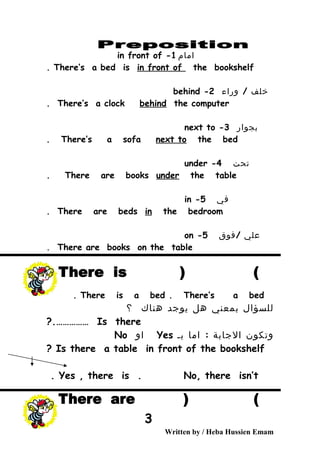 ‫امام‬1-in front of
There’s a bed is in front of the bookshelf.
‫خلف‬/‫وراء‬2-behind
There’s a clock behind the computer.
‫بجوار‬3-next to
There’s a sofa next to the bed.
‫تحت‬4-under
There are books under the table.
‫في‬5-in
There are beds in the bedroom.
‫علي‬/‫فوق‬5-on
There are books on the table.
There is a bed . There’s a bed.
‫للسؤال‬‫بمعني‬‫هل‬‫يوجد‬‫هناك‬‫؟‬
Is there?.……………
‫وتكون‬‫الجابة‬:‫اما‬‫بـ‬Yes‫او‬No
Is there a table in front of the bookshelf?
Yes , there is . No, there isn’t.
Written by / Heba Hussien Emam
3
 