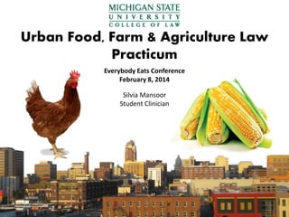 Urban Food, Farm & Agriculture Law
Practicum
Silvia Mansoor
Student Clinician
Everybody Eats Conference
February 8, 2014
 