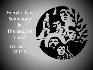 Everybody is
Somebody
in
The Body of
Christ
I Corinthians
12:12-31
 