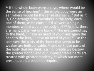 17 If the whole body were an eye, where would be
the sense of hearing? If the whole body were an
ear, where would be the sense of smell? 18 But as it
is, God arranged the members in the body, each
one of them, as he chose. 19 If all were a single
member, where would the body be? 20 As it is, there
are many parts, yet one body. 21 The eye cannot say
to the hand, “I have no need of you,” nor again the
head to the feet, “I have no need of you.” 22 On the
contrary, the parts of the body that seem to be
weaker are indispensable, 23 and on those parts of
the body that we think less honorable we bestow
the greater honor, and our unpresentable parts are
treated with greater modesty, 24 which our more
presentable parts do not require.
 