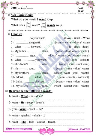 Date: …… /…… /…………… C.W
H.W
42
 Wh – questions:
What do you want? I want soup.
What does want? wants soup.
 Choose:
1- …………… do you want? (How – What – Who)
2- I …………. spaghetti. (want – wants – doesn't want)
3- What ……… he want? (do – does – don't)
4- My father …………… steak. (want – don't want – wants )
5- I ………….. eggs. (doesn't want – don't want – wants)
6- What ………….. you want? (do – does – doesn't)
7- She doesn't …………. salad. (want – wants – not want)
8- He ………. soup. (want – wants – don’t want)
9- My brothers ………… steak. (doesn't want – want – wants)
10- I don't ……….. salad. (want – wants – not want)
11- Laila ………… chicken. (want – wants – don’t want)
12- My sisters …………. juice. (want – doesn't want – wants)
 Rearrange the following words:
1- want – What – he – does?
………………………………………………………………………………………………….
2- want – He – soup – doesn't.
………………………………………………………………………………………………….
3- you – What – want – do?
………………………………………………………………………………………………….
4- want – spaghetti – don't – I.
………………………………………………………………………………………………….
5- want – She – fries – doesn't – french.
………………………………………………………………………………………………….
He
She
he
she
 