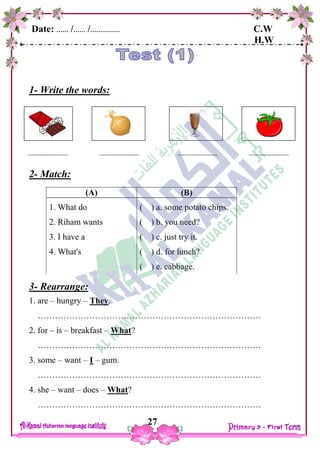 Date: …… /…… /…………… C.W
H.W
27
1- Write the words:
2- Match:
3- Rearrange:
1. are – hungry – They.
……………………………………………………………………
2. for – is – breakfast – What?
……………………………………………………………………
3. some – want – I – gum.
……………………………………………………………………
4. she – want – does – What?
……………………………………………………………………
(B)
( ) a. some potato chips.
( ) b. you need?
( ) c. just try it.
( ) d. for lunch?
( ) e. cabbage.
(A)
1. What do
2. Riham wants
3. I have a
4. What's
 