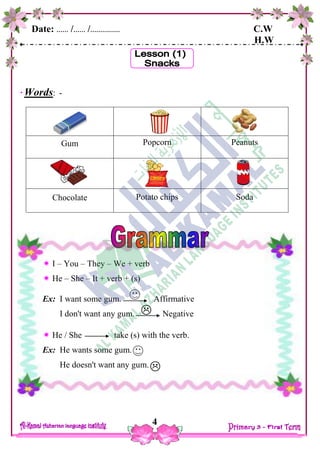 Date: …… /…… /…………… C.W
H.W
4
Words: -
Gum Popcorn Peanuts
Chocolate Potato chips Soda
 I – You – They – We + verb
 He – She – It + verb + (s)
Ex: I want some gum. Affirmative
I don't want any gum. Negative
 He / She take (s) with the verb.
Ex: He wants some gum.
He doesn't want any gum.


 