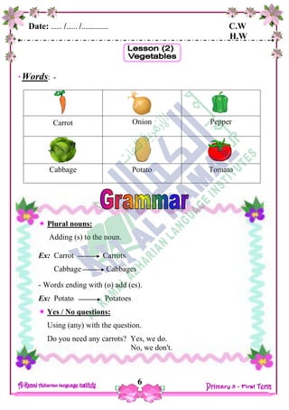 Date: …… /…… /…………… C.W
H.W
6
Words: -
Carrot Onion Pepper
Cabbage Potato Tomato
 Plural nouns:
Adding (s) to the noun.
Ex: Carrot Carrots
Cabbage Cabbages
- Words ending with (o) add (es).
Ex: Potato Potatoes
 Yes / No questions:
Using (any) with the question.
Do you need any carrots? Yes, we do.
No, we don't.
 