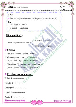 Date: …… /…… /…………… C.W
H.W
7
Wh - questions:-
1- What do you need? I need
Choose:
1- I have an (onions – onion – carrots)
2- We need (some – any – an) potatoes.
3- Do you need (any – some – a) peppers?
4- Ahmed and Ali need (a – an – some) carrot.
5- (What – When – Where) do you need?
Put these nouns in plural:
Onion  -----------------
Tomato  -----------------
Cabbage  -----------------
Pepper  -----------------
Potato  -----------------
Note:
 We put (an) before words starting with (a – e – i – o – u )
Ex:
an onion – an ant
a carrot – a cabbage
a carrot  singular
some carrots  plural
 