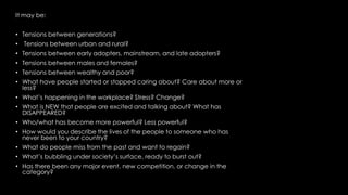 It may be:
• Tensions between generations?
• Tensions between urban and rural?
• Tensions between early adopters, mainstream, and late adopters?
• Tensions between males and females?
• Tensions between wealthy and poor?
• What have people started or stopped caring about? Care about more or
less?
• What’s happening in the workplace? Stress? Change?
• What is NEW that people are excited and talking about? What has
DISAPPEARED?
• Who/what has become more powerful? Less powerful?
• How would you describe the lives of the people to someone who has
never been to your country?
• What do people miss from the past and want to regain?
• What’s bubbling under society’s surface, ready to burst out?
• Has there been any major event, new competition, or change in the
category?
 