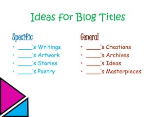 Ideas for Blog Titles
Specific
• ____’s Writings
• ____’s Artwork
• ____’s Stories
• ____’s Poetry
General
• ____’s Creations
• ____’s Archives
• ____’s Ideas
• ____’s Masterpieces
 