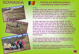 ROMANIA Planting and gathering potatoes
( Semănatulş işculesulşcartofilor )
Rules:
2. Before each team there is a basket containing 5
potatoes. At the distance of 6 meters from the starting line
5 tennis balls are arranged in file, on the ground, next to
each team. The distance between the 5 balls is 1 meter. At
the end of the 3 trails there is a stake located at a distance
of 0.5 meters compared to the last tennis ball.
3. When they hear the sound of the whistle, the first
students of each team shall take the basket, run the 6
metres’şdistanceşandşthenşputşinştheş5şpotatoesşnextştoş
each ball. After they have put in (planted) the potatoes,
they go round the stake, run back to their teams and hand
in the relay race (the basket) to the next teammate. He/she
shall race to pick up the potatoes, go round the stake and
run back, handing in the basket to the next competitor in
his/her team.
4. The game continues until all the contestants of the 3
teams run the route twice. The team finishing first wins,
whilst respecting the rules of the game.
The aim of the game: to develop social skills of sharing, turn-
taking and negotiation, to maintain emotional balance, physical and
mental health, and well-being and have fun.
19
 