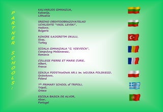 P
A
R
T
N
E
R
S
C
H
O
O
L
S
:
KALVARIJOS GIMNAZIJA,
Kalvarija,
Lithuania
SREDNO OBSHTOOBRAZOVATELNO
UCHILISHTE “VASIL LEVSKI”,
Haskovo,
Bulgaria
KONGRE ILKOGRETIM OKULU,
Sivas,
Turkey
SCOALA GIMNAZIALA “G. VOEVIDCA”,
Campulung Moldovenesc,
Romania
COLLEGE PIERRE ET MARIE CURIE,
Albert,
France
SZKOLA PODSTAWOWA NR.1 im. WOJSKA POLSKIEGO,
Gniewkowo,
Poland
7th PRIMARY SCHOOL of TRIPOLI,
Tripoli,
Greece
ESCOLA BASICA DE ALVOR,
Alvor,
Portugal
 