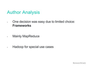 Author Analysis
• One decision was easy due to limited choice:
Frameworks
• Mainly MapReduce
• Hadoop for special use cases
 