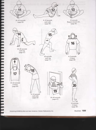 20-30 seconds
(page 58)
8-10 seconds
each side
(page 60)
20 seconds
each leg
(page71)
10 seconds
Repeat stretch #11.
(page 58)
4-5 seconds
2 times
(page46)
15-20 seconds
each leg
(page51)
10-12 seconds
2 times
(page90)
8-10 seconds
each side
(page 44) 20-30 seconds
(page 47)
10 seconds
2 times
(page 46)
Routines109Stretching@2000by BobandJeanAnderson.ShelterPublications,Inc.
 